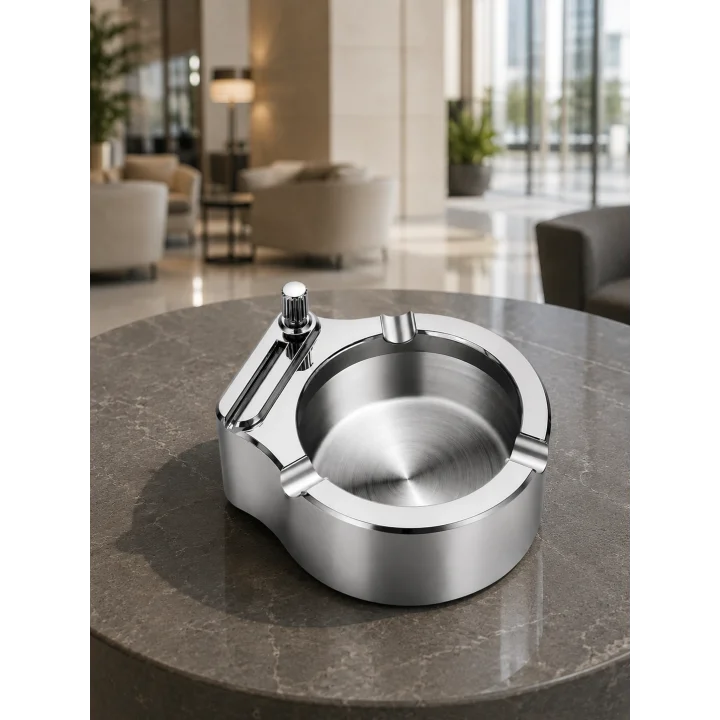 Mey İthalat® Çakmaklı Küllük Paslanmaz Metal Yuvarlak Tasarım