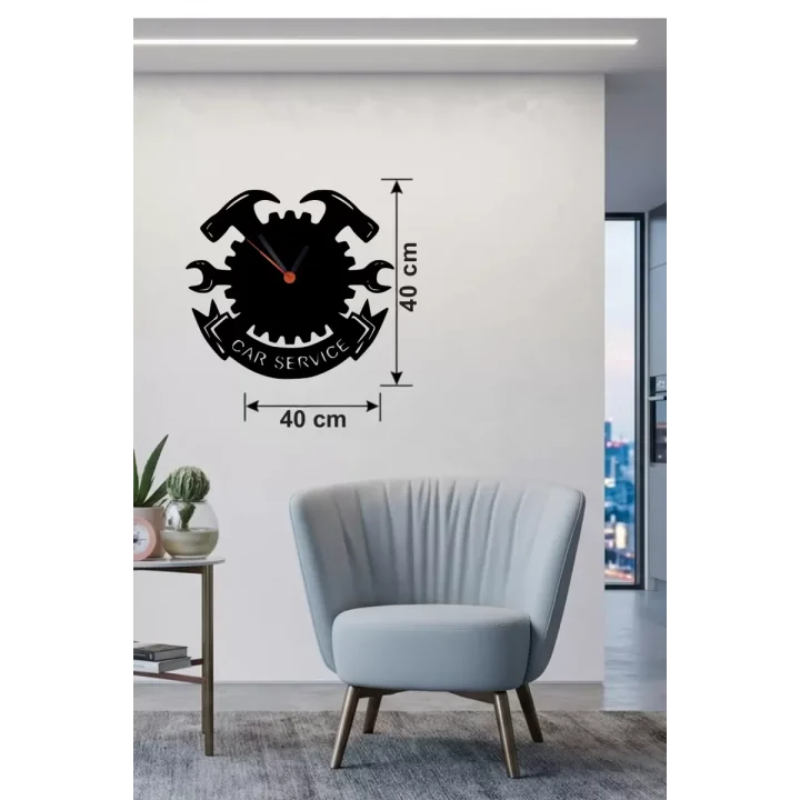 Mey İthalat® Car Service Temalı Ahşap Duvar Saati - 40x40 cm Teknik Servis Dekoru