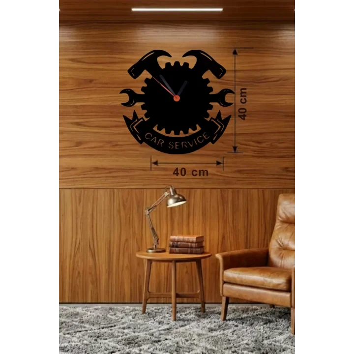 Mey İthalat® Car Service Temalı Ahşap Duvar Saati - 40x40 cm Teknik Servis Dekoru