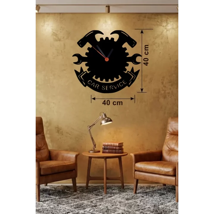 Mey İthalat® Car Service Temalı Ahşap Duvar Saati - 40x40 cm Teknik Servis Dekoru