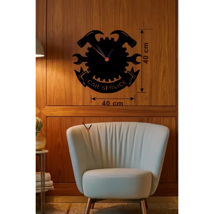 Mey İthalat® Car Service Temalı Ahşap Duvar Saati - 40x40 cm Teknik Servis Dekoru