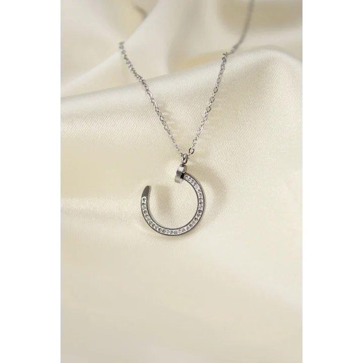 Mey İthalat® Çelik Silver Renk Zirkon Taşlı Çivi Model Kadın Kolye