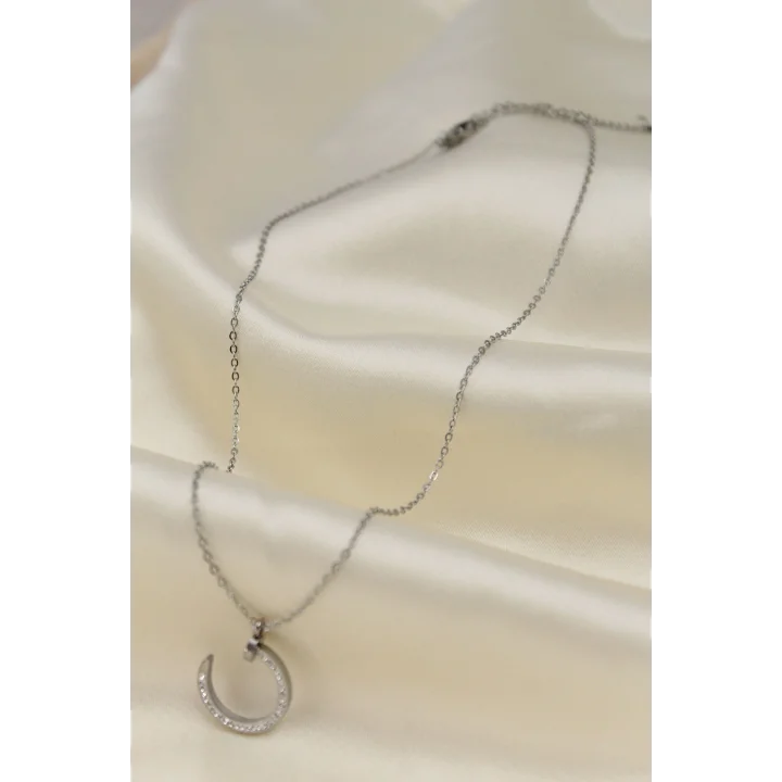 Mey İthalat® Çelik Silver Renk Zirkon Taşlı Çivi Model Kadın Kolye