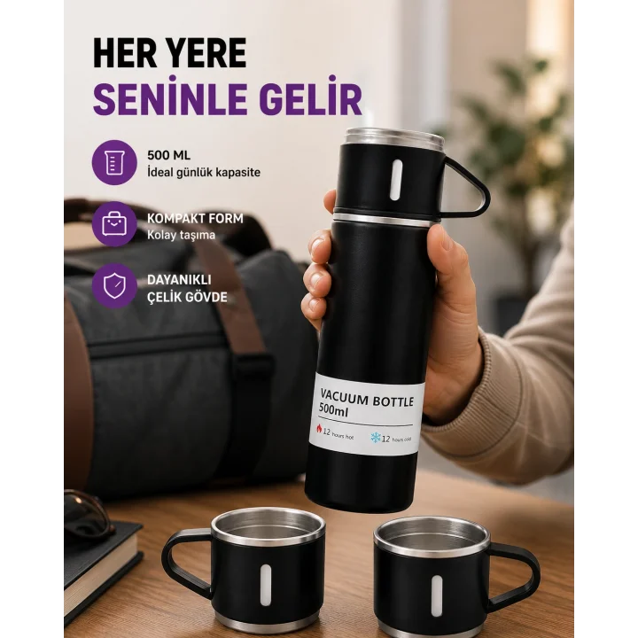 Mey İthalat® Çelik Termos Bardak Seti | 500 ml Kapasite, Kaymaz Taban, Hediye Kutulu