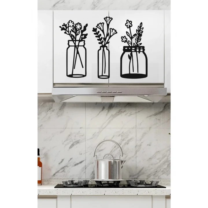 Mey İthalat® Çiçekli Kavanozlar – Ahşap Mutfak Duvar Dekoru (3’lü Set)