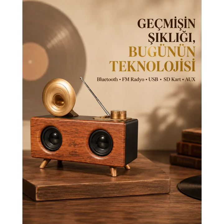 Mey İthalat® Çift Hoparlörlü Retro Bluetooth Speaker 1800mAh Bataryalı AUX USB SD Kartlı