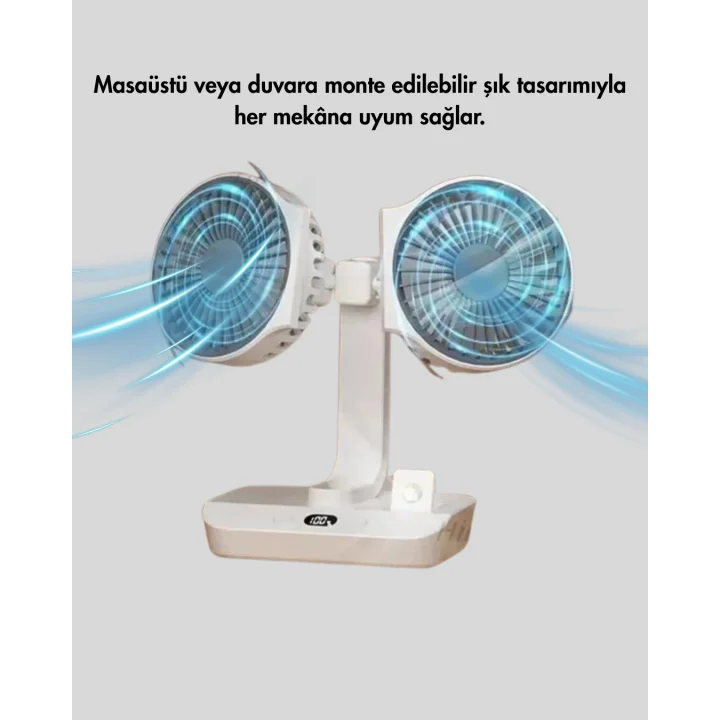 Mey İthalat® Çift Kafalı Masaüstü ve Duvar Tipi Sessiz USB Şarjlı Fan