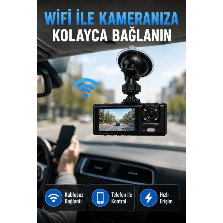 Mey İthalat® Çift Kameralı WiFi Araç Kamerası 170° Geniş Açı Full HD Araç İçi Kayıt Sistemi