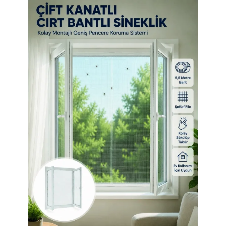 Mey İthalat® Çift Kanatlı Cırt Bantlı Pencere Sinekliği Kolay Montajlı Beyaz File
