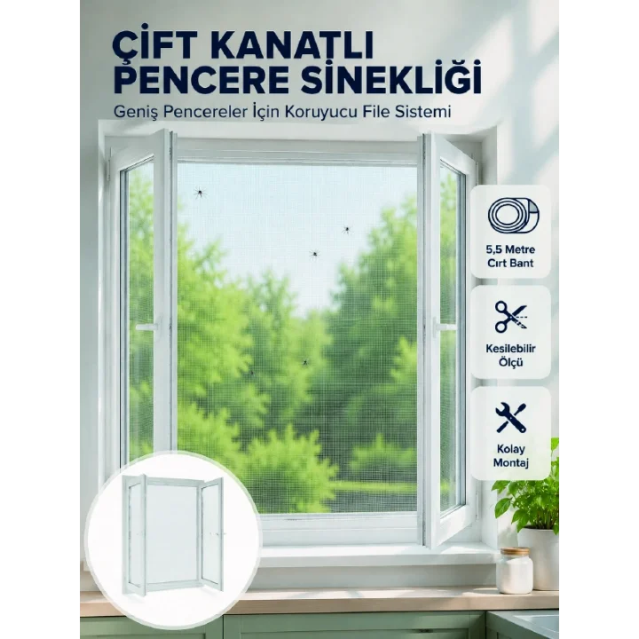 Mey İthalat® Çift Kanatlı Pencere Filesi Cırt Bantlı Sineklik Kolay Takılır
