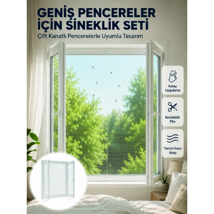 Mey İthalat® Çift Kanatlı Pencere Sineklik Seti Kesilebilir Koruyucu File