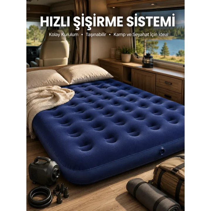 Mey İthalat® Çift Kişilik Şişme Yatak Dayanıklı Vinil Kamp ve Misafir Kullanımına Uygun