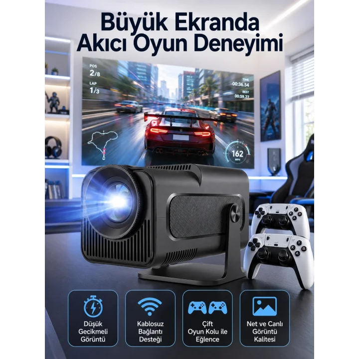 Mey İthalat® Çift Kollu Game Box Projeksiyon Cihazı Kumandalı Android Tv Dahili Hoparlör