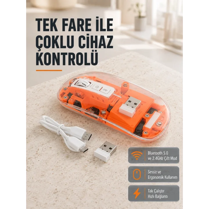 Mey İthalat® Çift Modlu Kablosuz Bluetooth 5.0 + 2.4GHz Mouse – 3 Cihaz Bağlantılı, Hızlı Geçiş Düğmeli