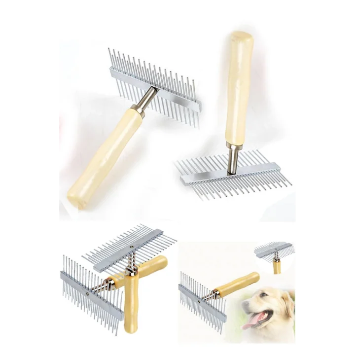 Mey İthalat®  Çift Taraflı Ahşap Saplı Ergonomik Evcil Hayvan Fırçası Tarağı