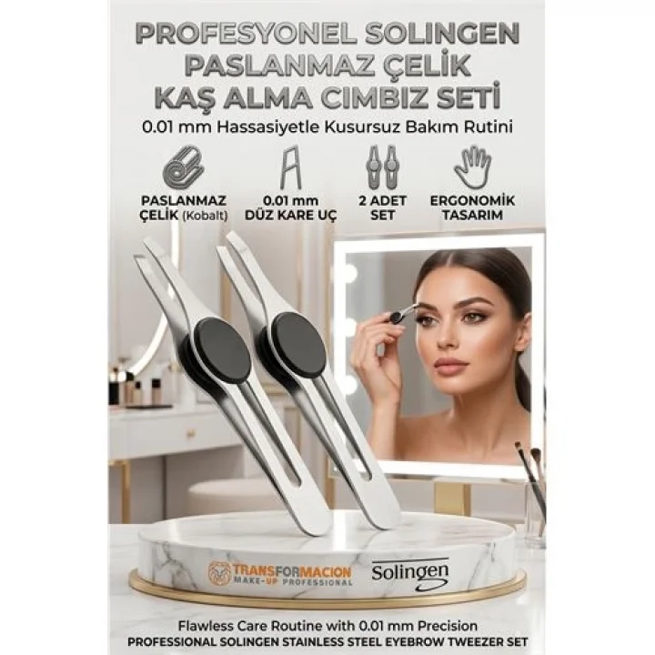 Mey İthalat® Profesyonel Kaş Cımbızı 2li Set  Çelik Düz Uçlu Tüy Alma Cımbızı Solingen Professional 718965