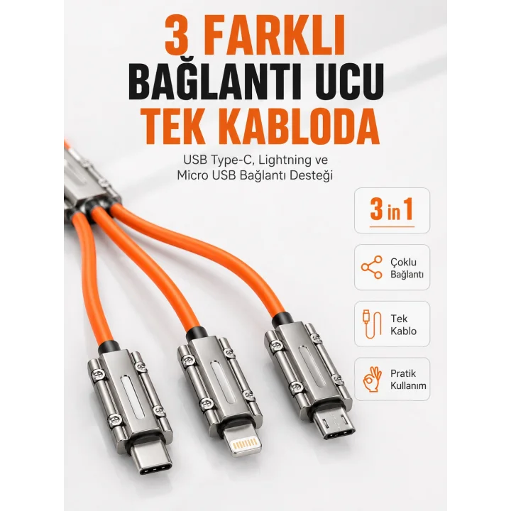 Mey İthalat® Çinko Alaşımlı Metal Konnektörlü Dayanıklı 6A Hızlı Şarj Kablosu