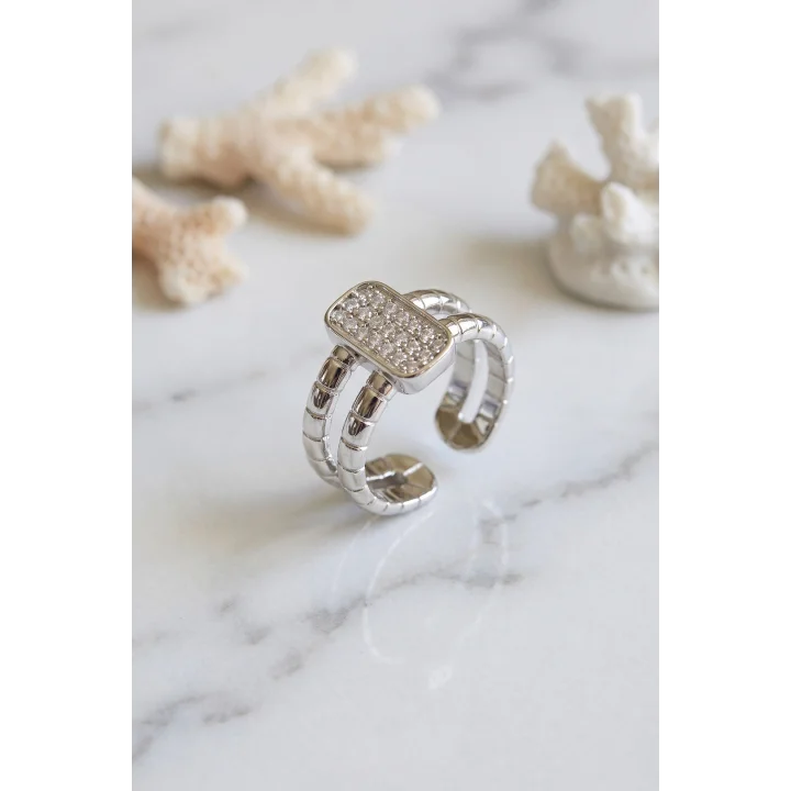Mey İthalat® Clariss Parallel Luxury Zirkon Taşlı Gümüş Renk Yüzük