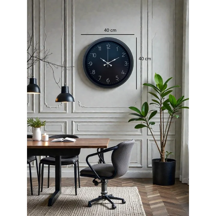 Mey İthalat® Classic Black Zarif 40 cm Metal Duvar Saati