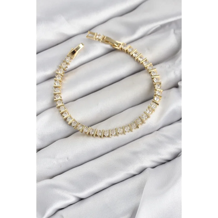 Mey İthalat® CM Şerit Model Zirkon Taşlı VIP Seri Gold Renk Pirinç Kadın Bileklik