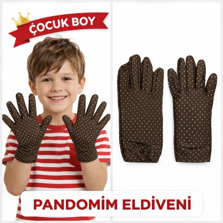 Mey İthalat® Çocuk Boy Pandomim Eldiveni Beyaz Puantiyeli Kahve Renk Gösteri Eldiveni 23 Nisan 19 Mayıs