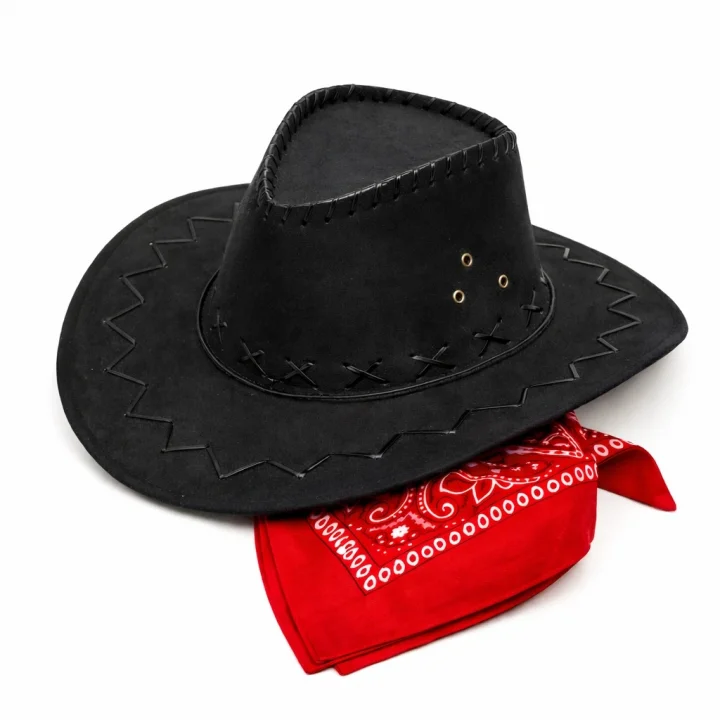 Mey İthalat® Çocuk Kovboy Şapka Siyah &amp; Kırmızı Bandana Fular Seti