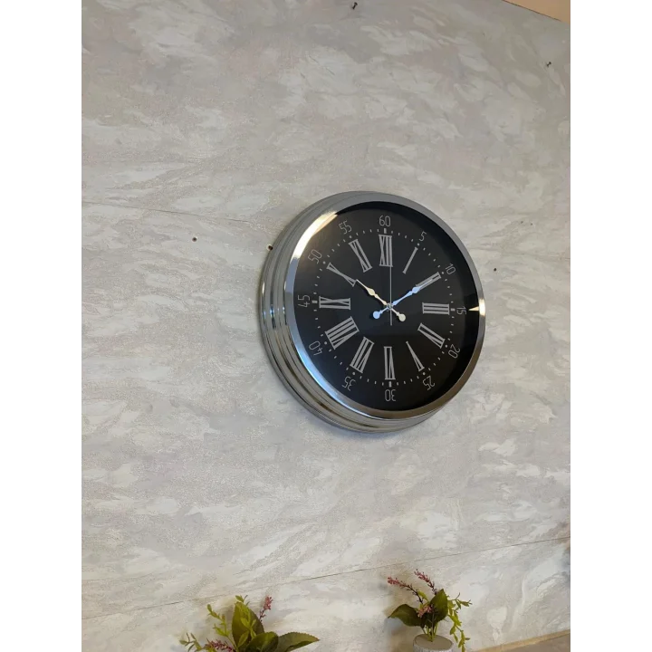 Mey İthalat® Dark Elegance 40 Cm Metal Krom Duvar Saati