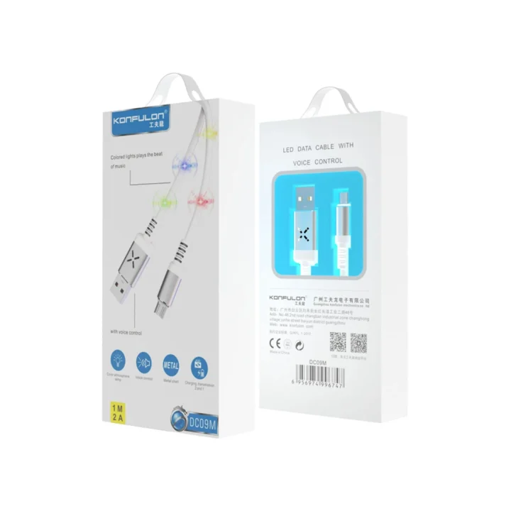 Mey İthalat®  DC09 Ses Duyarlı Işıklı Micro USB Kablo 1M 2A - Beyaz