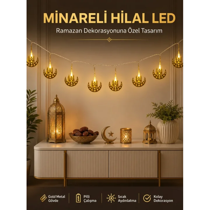 Mey İthalat® Dekoratif Minareli Hilal LED Işık Metal Gövdeli Ramazan Aydınlatma