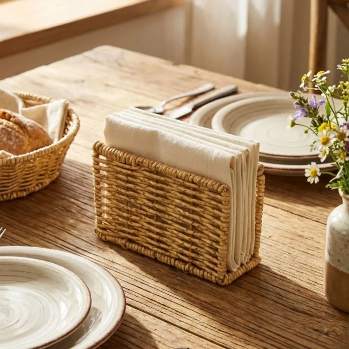 Mey İthalat®  Dekoratif Plastik Rattan Dikdörtgen Peçetelik–Doğal Hasır Dokulu Masaüstü Peçete Standı