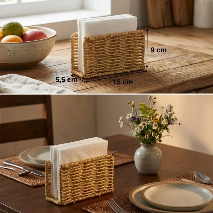 Mey İthalat®  Dekoratif Plastik Rattan Dikdörtgen Peçetelik–Doğal Hasır Dokulu Masaüstü Peçete Standı