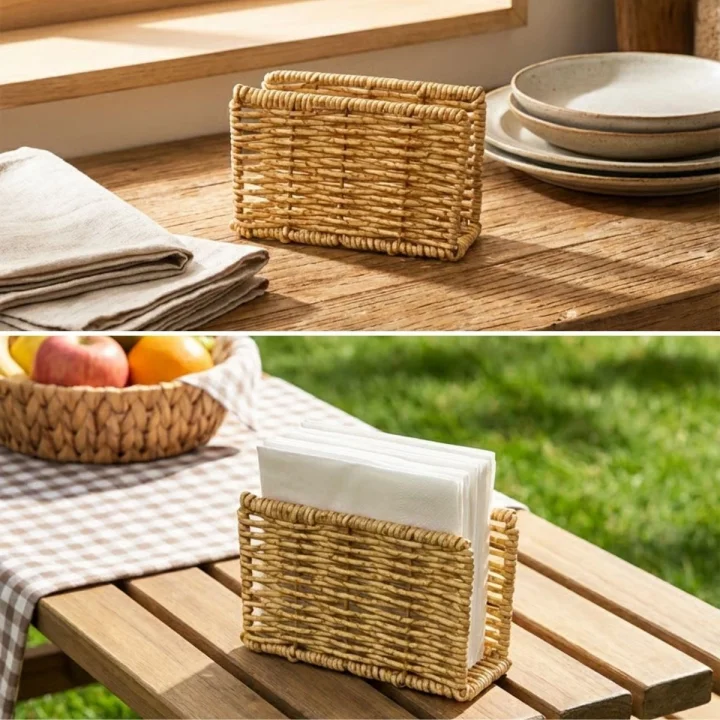 Mey İthalat®  Dekoratif Plastik Rattan Dikdörtgen Peçetelik–Doğal Hasır Dokulu Masaüstü Peçete Standı