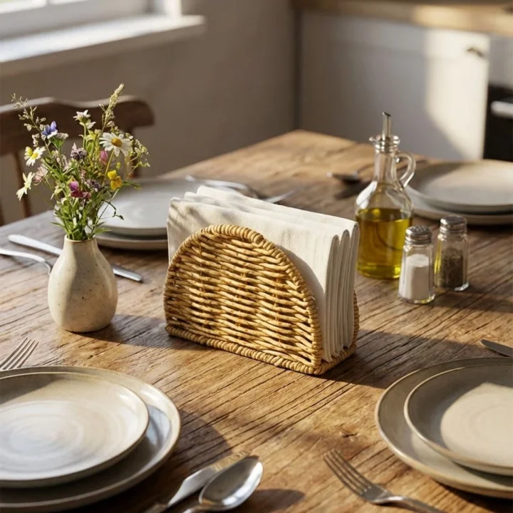 Mey İthalat®  Dekoratif Plastik Rattan Yarım Yuvarlak Peçetelik–Doğal Hasır Dokulu Masaüstü Peçete Standı