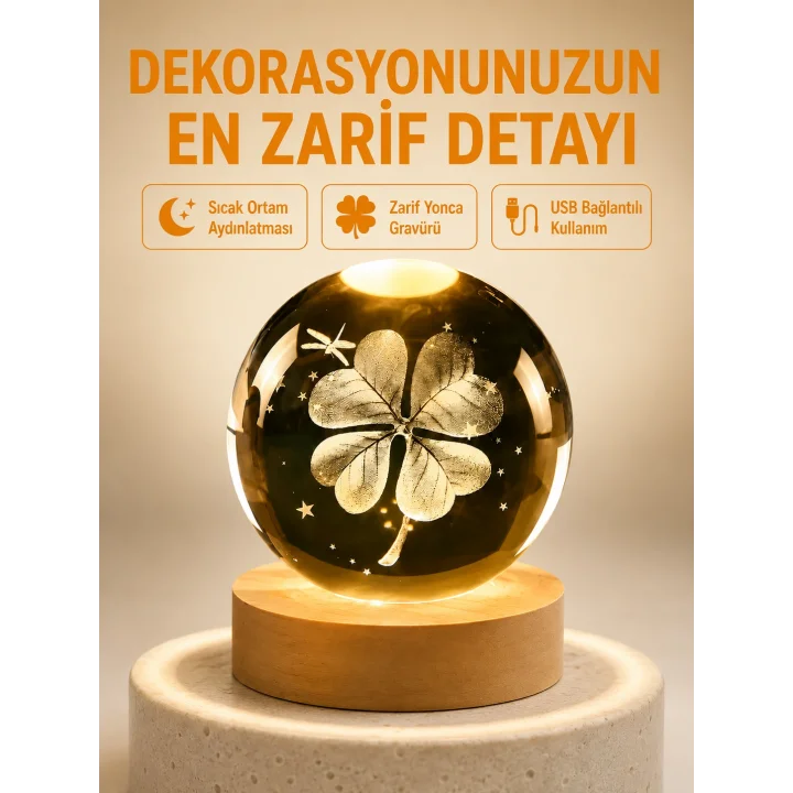 Mey İthalat® Dekoratif Yonca Görünümlü Işıklı Kristal Cam Küre USB Masa Gece Lambası