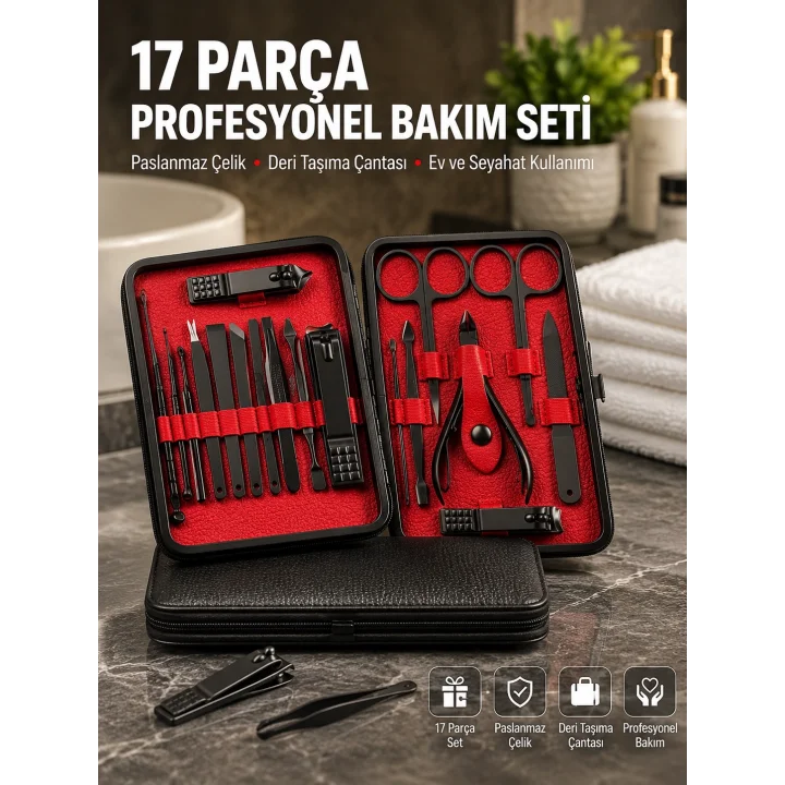 Mey İthalat® Deri Çantalı Siyah Paslanmaz Çelik 17 Parça Manikür Pedikür Seti