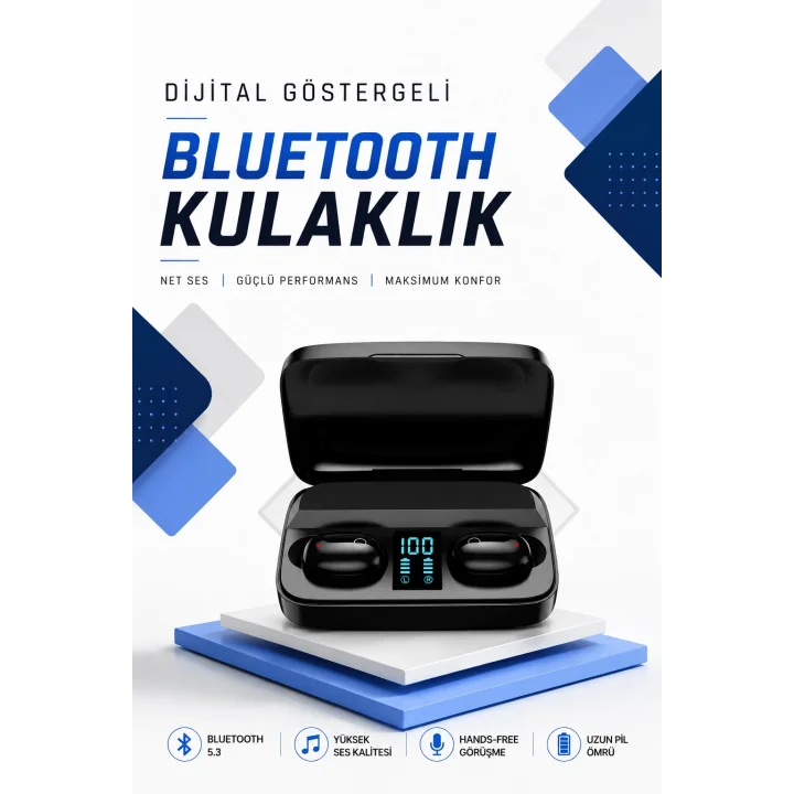 Mey İthalat® Dijital Göstergeli Bluetooth Kulaklık Kablosuz TWS Stereo Bluetooth 5.0