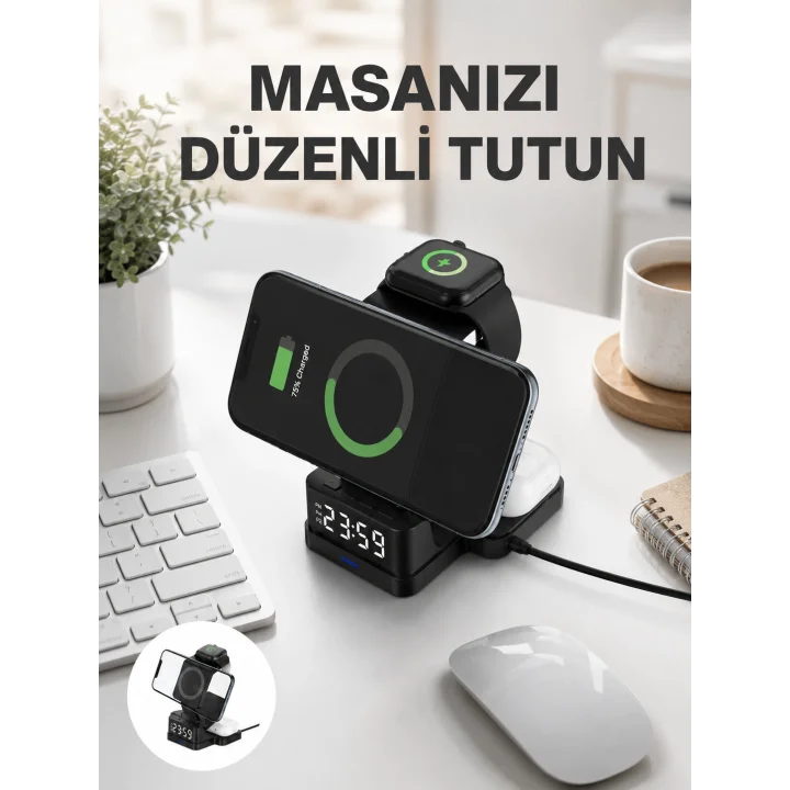 Mey İthalat® Dijital Saatli Kablosuz Şarj İstasyonu – 3’ü 1 Arada Apple Uyumlu Hızlı Şarj ve LED Ekran Yeni Nesil