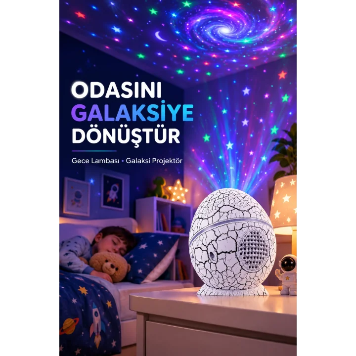 Mey İthalat® Dinozor Yumurtası Galaksi Projektör Gece Lambası 4ü 1 Arada – Bluetooth Hoparlörlü