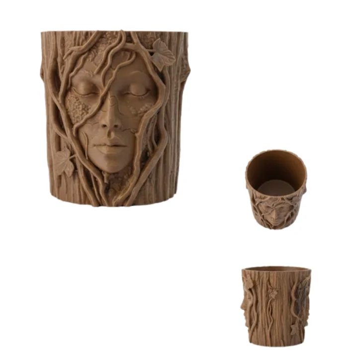 Mey İthalat® Doğa Temalı Yüz Detaylı Dekoratif Vazo 3D Ağaç Desenli Şık Saksı