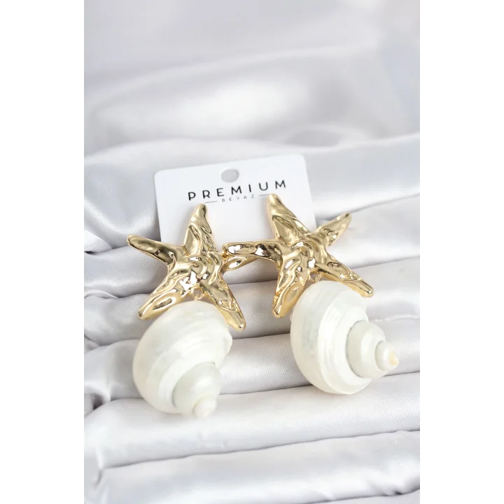 Mey İthalat® Doğal Deniz Kabuğu ve Gold Renk Yıldız Model Kadın Küpe