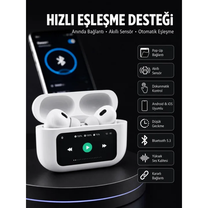 Mey İthalat® Dokunmatik Ekranlı ANC/ENC Yeni Nesil Pro Bluetooth Kulaklık Dokunmatik Ekran Yeni Nesil