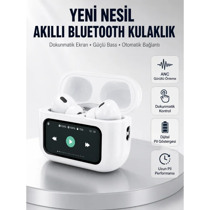 Mey İthalat® Dokunmatik Ekranlı Bluetooth Kulaklık ANC Gürültü Önleme Suya Dayanıklı Yeni Nesil