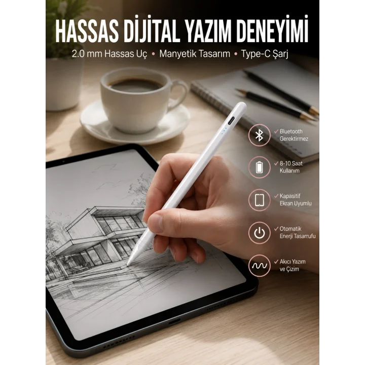 Mey İthalat® Dokunmatik Kalem Beyaz Şarjlı Yedek Uçlu Android ve İOS Uyumlu