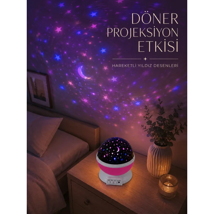 Mey İthalat® Döner Projeksiyon Lambası Renkli Yıldız ve Gökyüzü Efektli
