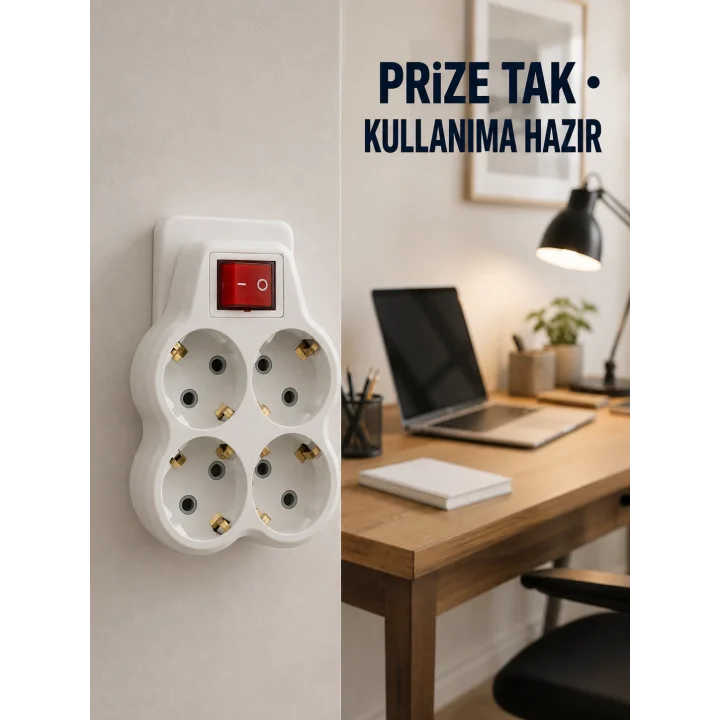 Mey İthalat® Duvar Priz Çoğaltıcı 4 Çıkışlı Açma Kapama Düğmeli Kablosuz Priz Adaptörü