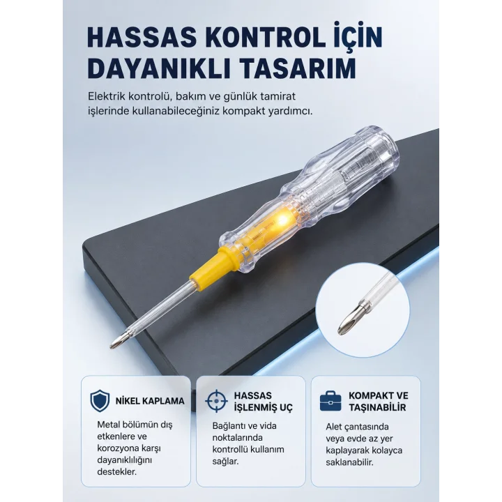 Mey İthalat® Elektrik Test Kalemi Neon Işıklı Nikel Kaplama 110-220V Dirençli