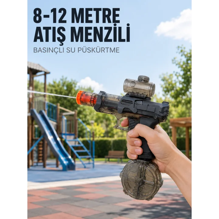 Mey İthalat® Elektrikli Şarjlı Su Tabancası Otomatik Basınçlı Atışlı LED Işıklı Su Oyuncağı