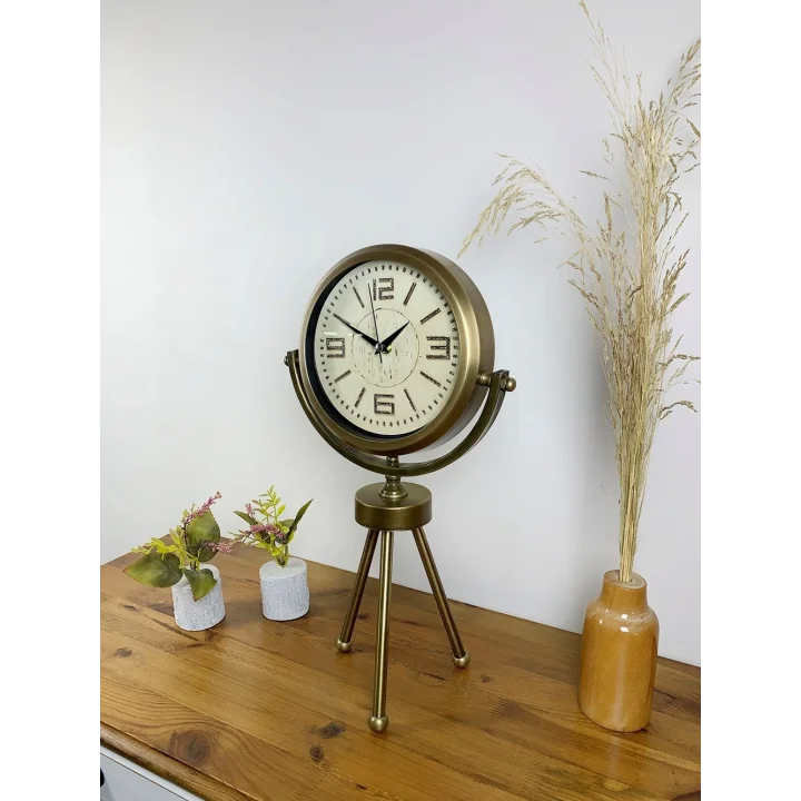 Mey İthalat® Eskitme Metal Mini Tripod Vintage Masa Saati 45×26 cm