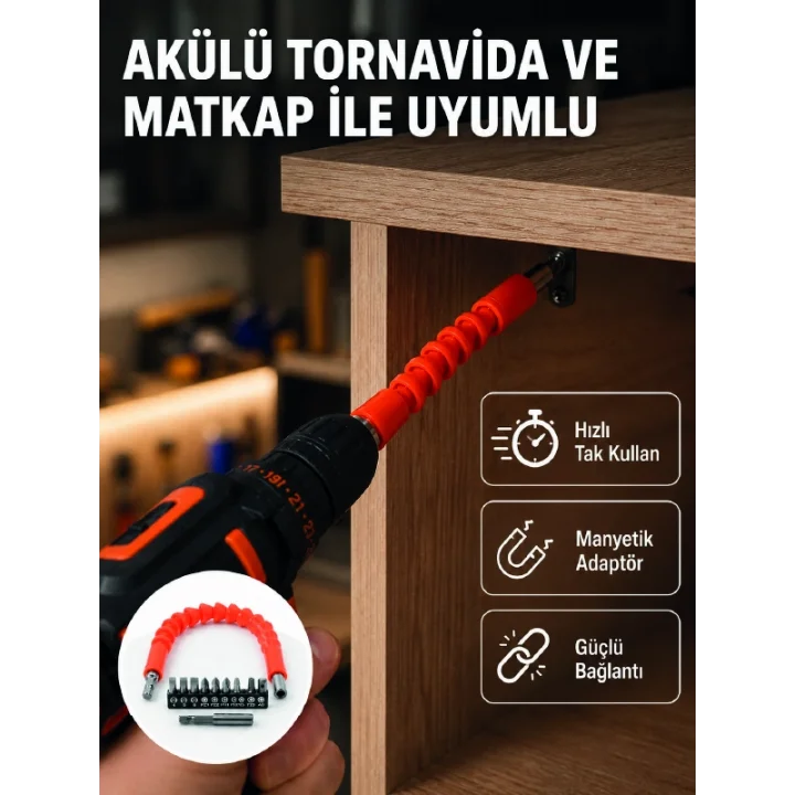 Mey İthalat® Esnek Bits Uç Seti 12 Parça Manyetik Adaptörlü Matkap Tornavida Aksesuarı