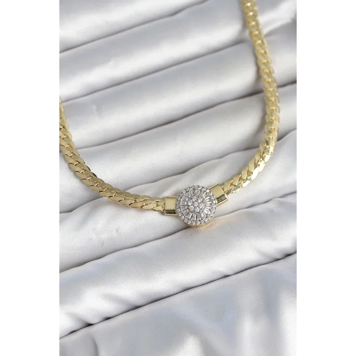 Mey İthalat® Ezme Zincir Model Zirkon Taşlı VIP Seri Gold Renk Kadın Kolye